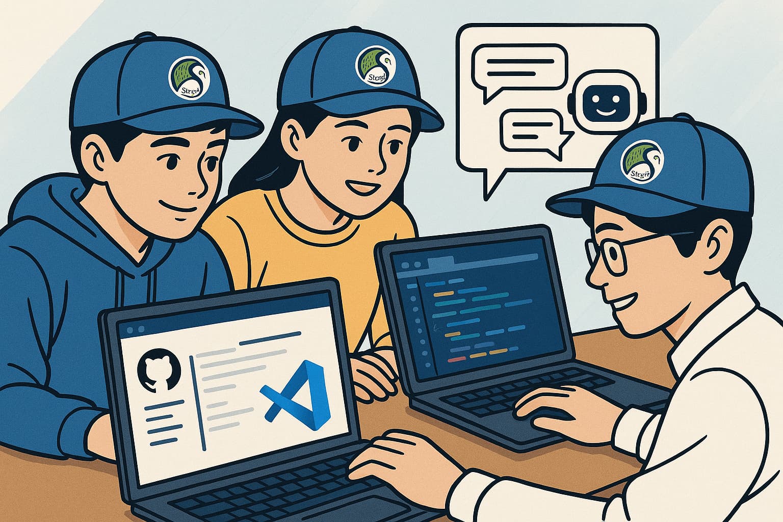 A couple of Kingos creating a chatbot using VS Code and GitHub (by ChatGPT)