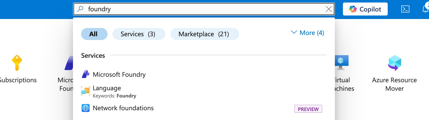 Azure Portal Search results